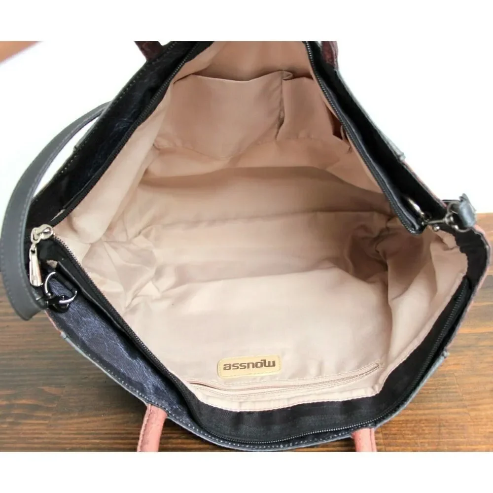 LARGE MOUSSE COLORFUL PRINT NYLON CANVAS ZIP TOP TOTE SHOULDER BAG HANDBAG BOHO